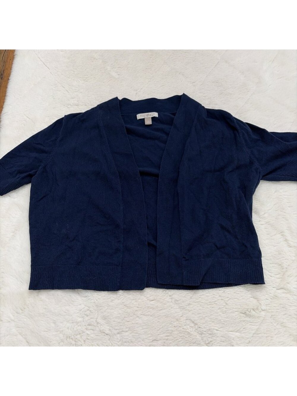 Roz & Ali Womens L Navy Blue Cropped Open Front Short Sleeve Sweater